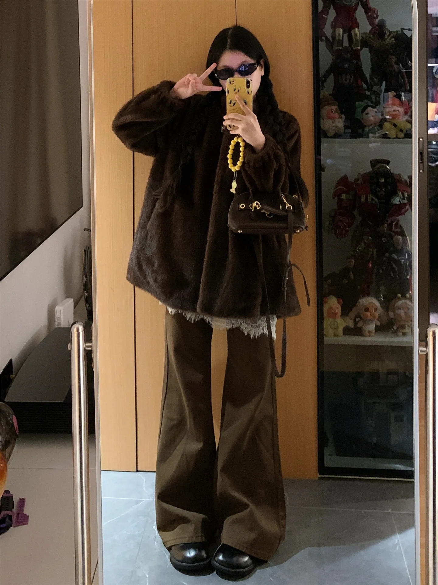 

plus Size Extended Length Brown Low Waist Flared Denim Jeans Women's Loose Slimming Fleece Lined Thick Wide Leg Pants