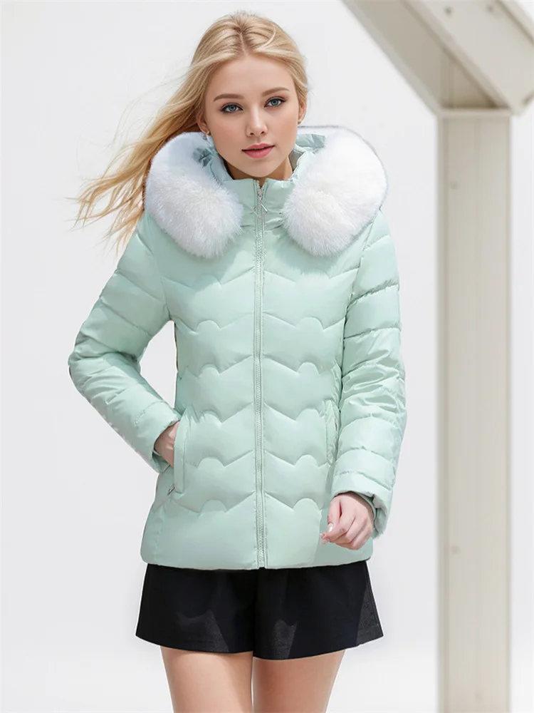 

Women's Puffer Jacket 2024 Winter New Fashionable Large Fur Collar Hooded Slim Fit Thicken The Waist Warm Winter Coat