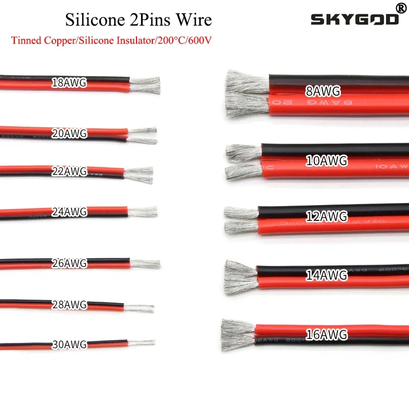 1/2/5M Copper Wire Silicone Rubber Cable Soft 30 28 26 24 22 20 18 16 14 12 10 8 AWG 2Pins Flexible DIY LED Connector Black Red