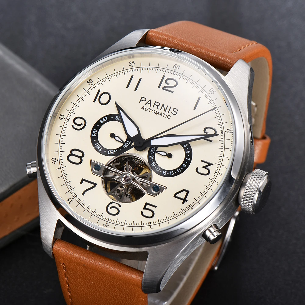 Fashion Parnis 48mm Silver Case Men Watch Automatic Mechanical Calendar Week Display Leather Strap Skeleton Tourbillon Watches