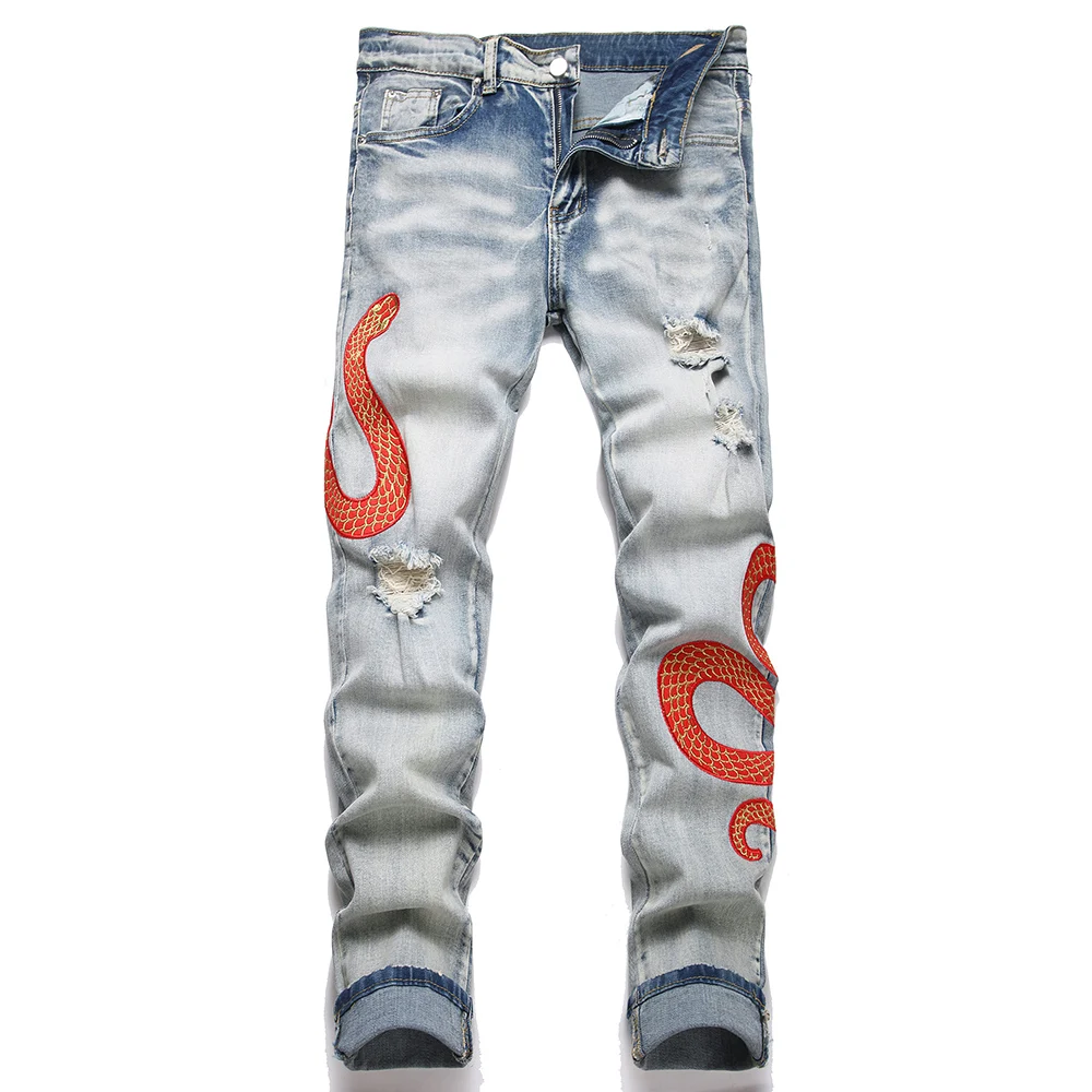 

Men Snake Embroidery Denim Jeans Streetwear Holes Ripped Distressed Pants Slim Tapered Trousers