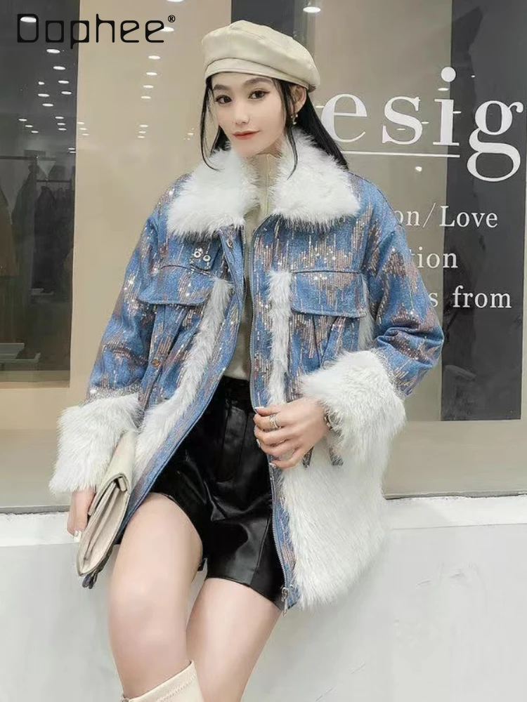 Lapel Imitation Fur Patchwork Denim Jacket 2024 Winter New Casual Loose Fashionable Warm All-Matching Faux Fur Coat Women