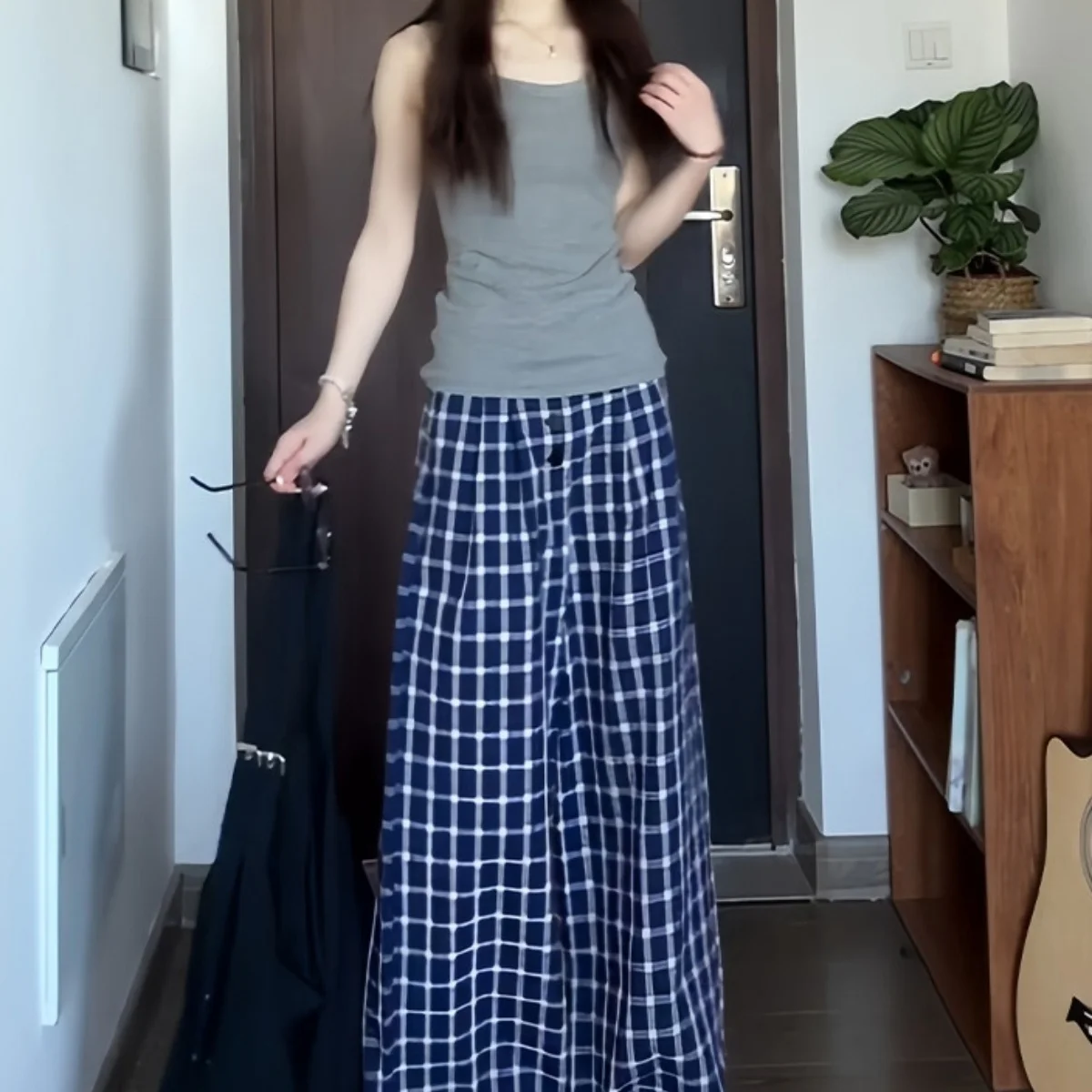 Blaue karierte Hose für Damen, lässig, Übergröße, hohe Taille, Taschen, weites Bein, Frühling, locker, Büro, Ausgehen, Spaziergang, lange Hose – Detail 12