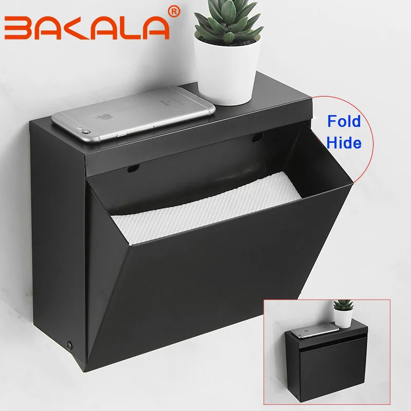 Black Recessed Toilet/Tissue/Kitchen Fold hide Paper Holder All Metal Contruction 304 Stainless Steel Bathroom Roll Paper Box