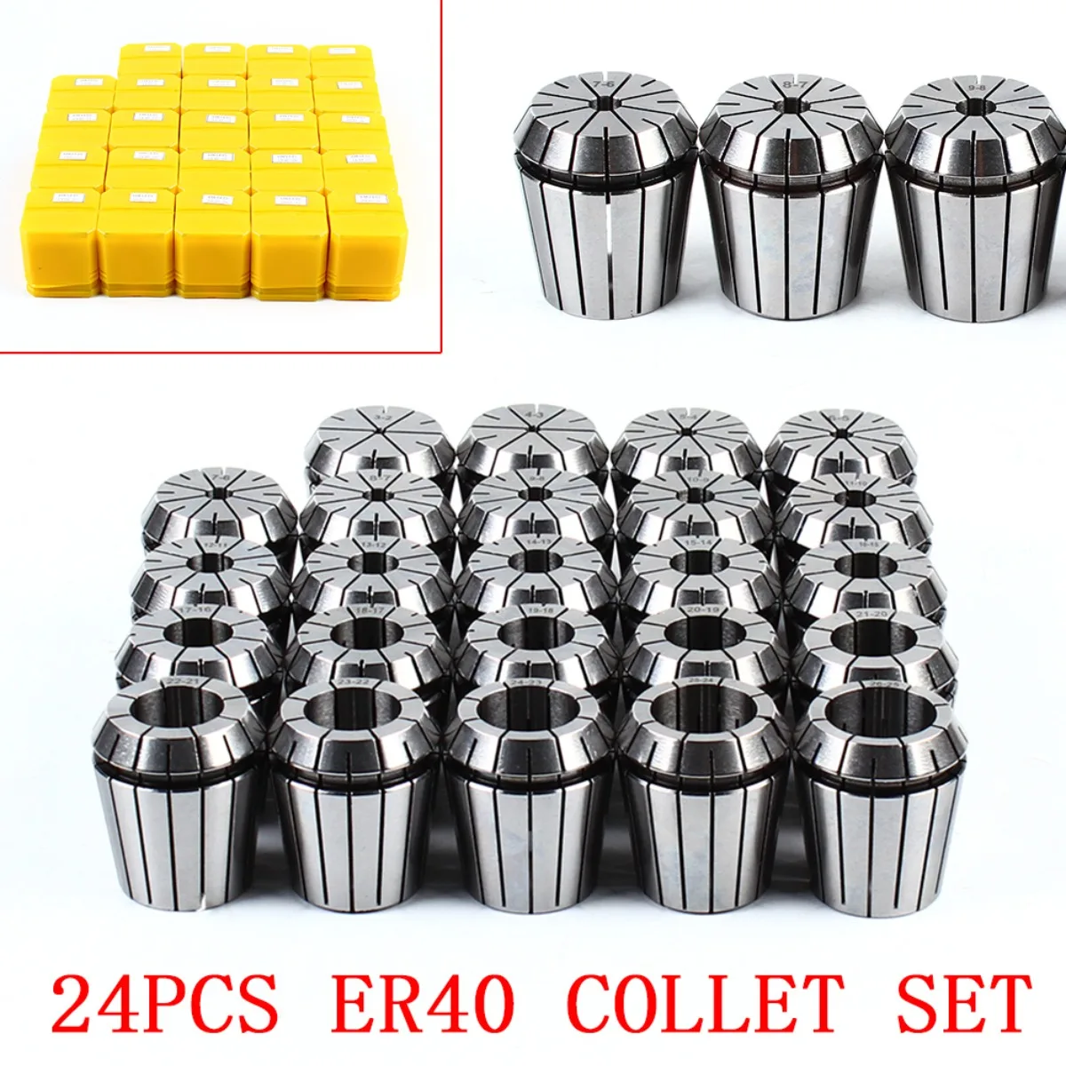 

Collet Set, ER40 Collet Chuck 24 Pcs, 0.02mm High Precision Spring Collet, Industrial Grade, Clamping Range 0.12-1.02in, Lathe Accessories, for CNC Milling Machines, Lathe Tools, Stable Clamping