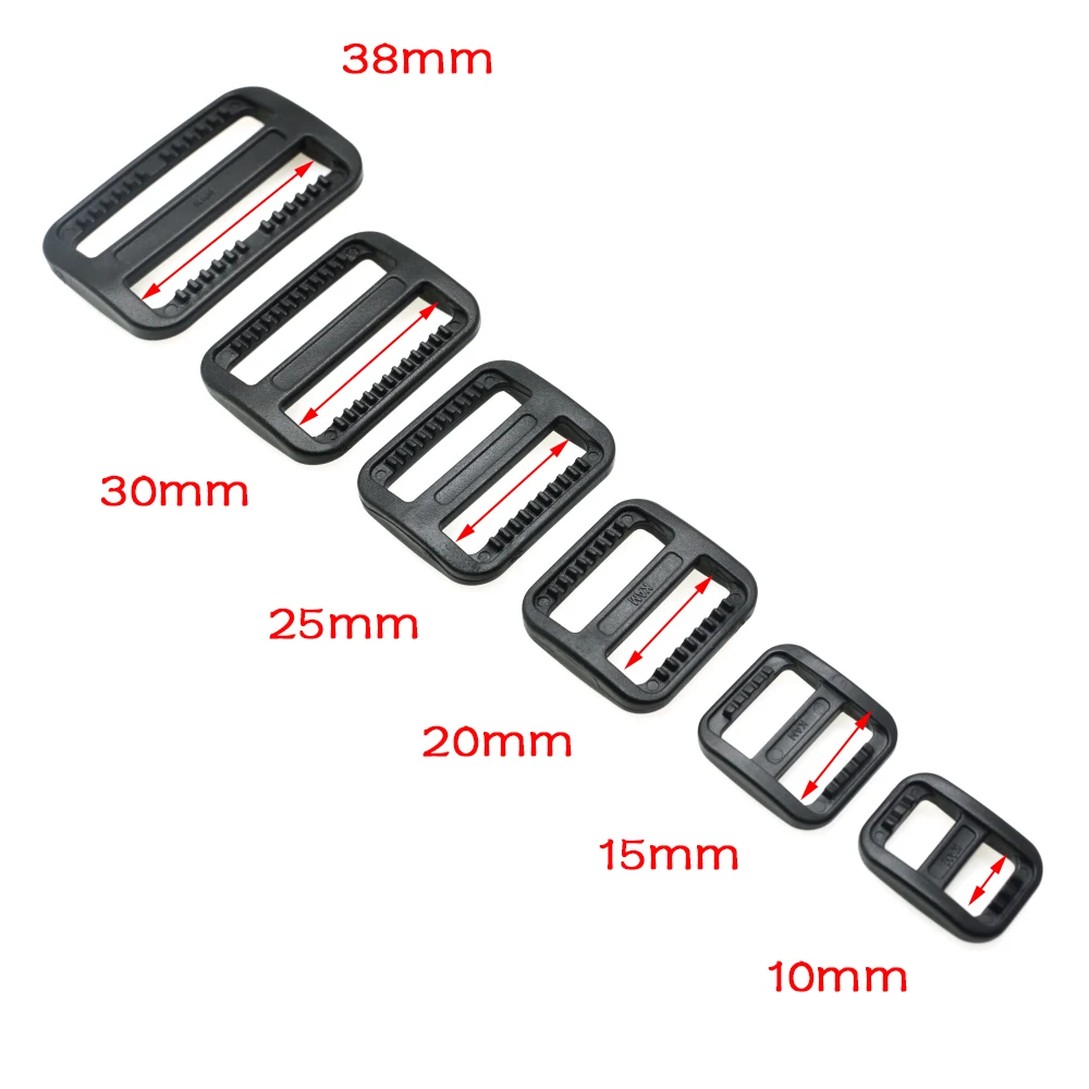 10pcs Plastic Tri-Glides Slider Adjustable Buckle Moll Tactical Bag Parts Webbing Size 10mm 15mm 20mm 25mm 30mm 38mm