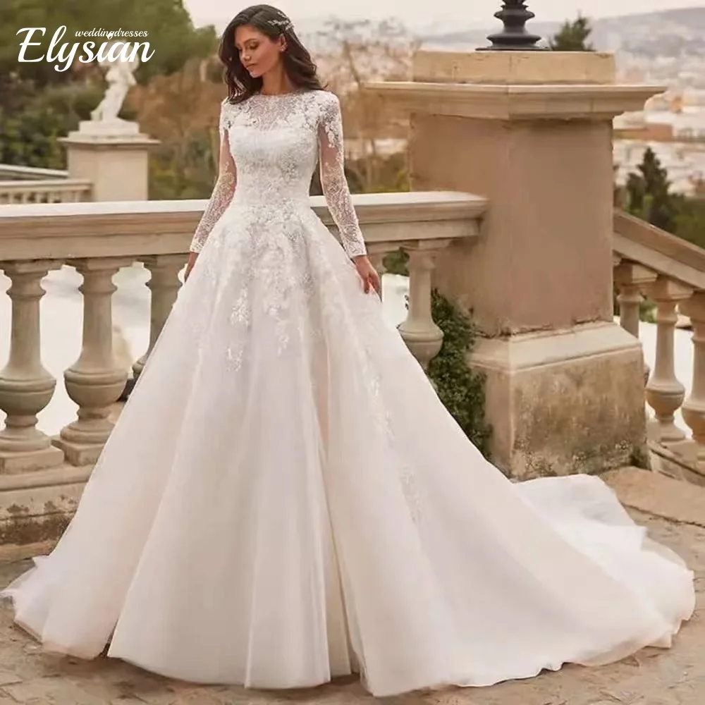 Aangepaste elegante o-hals lange mouw trouwjurken kant applicaties een lijn bruidsjurk prinses jurk vestido de novia