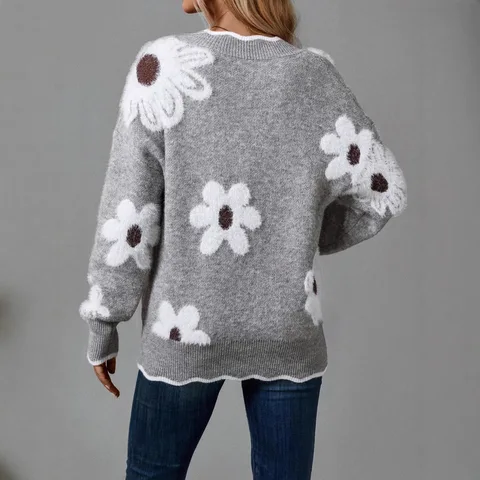 Джерси Invierno Mujer Damen Kleidung, осень-зима, универсальный свободный свитер, женский вязаный жаккардовый пуловер с v-образным вырезом и цветочным узором