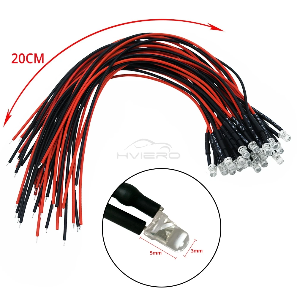 5/10/20X 3mm Round LED 5-12V 20cm Pre Wired White Blue Yellow Diode Lamp DIY Billboard Decoration Light Emitting Diodes Bulb