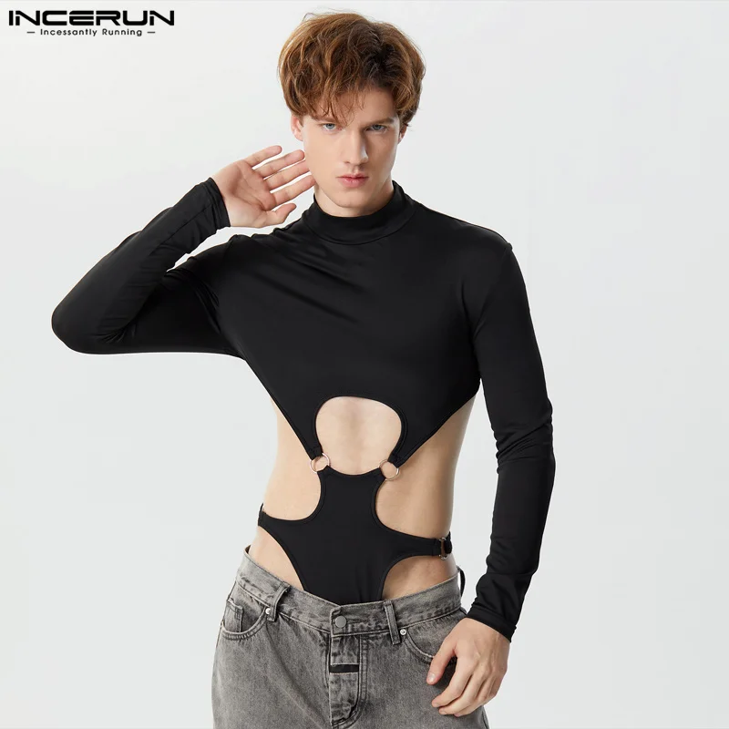 INCERUN Men Bodysuits Solid Hollow Out Sexy Turtleneck Long Sleeve Rompers Streetwear 2023 Fashion Male Irregular Bodysuit S-5XL