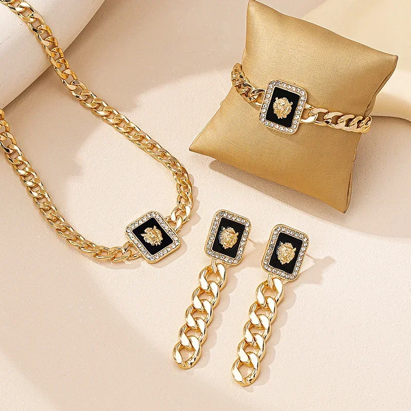 

3PCS Vintage Gold Color Square Lion Head Earring Bracelet for Women Colorful Enamel Rhinestone Chains Necklace Jewelry Set