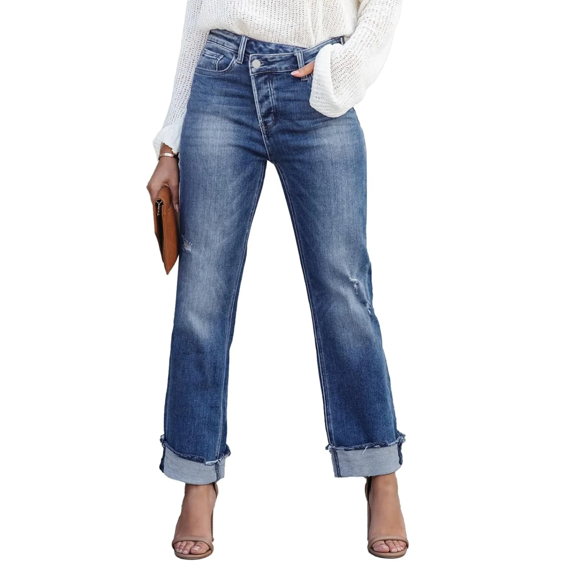 Damskie spodnie Y2k, modne jeansy z wysokim stanem, podarte, z efektem krzyżowania i elastycznym krojem, luźne jeansy.