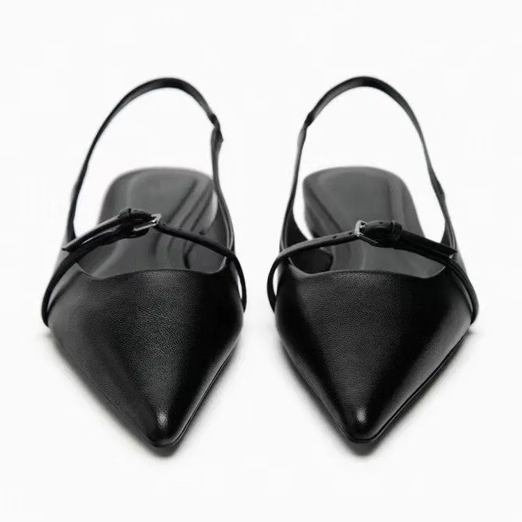 Slingback Flat Bottom Women Sandals Summer Black Leather Pointed Woman Ballet Shoes Fashion Low-heel Woman Shoes