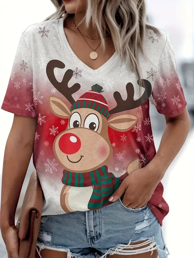 Camisetas con estampado de alces navideños de dibujos animados para mujer, camisetas informales de manga corta con cuello en V, camisetas de Navidad a la moda para mujer, camiseta holgada transpirable