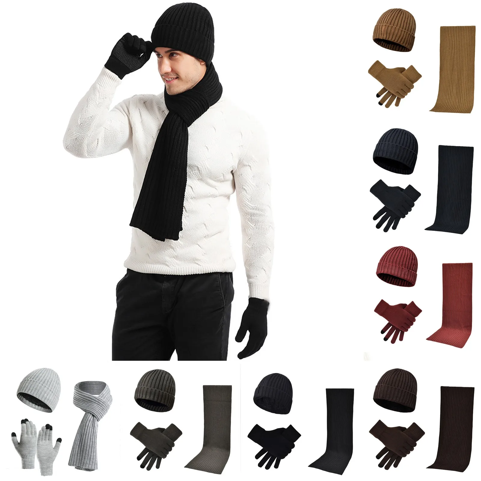 Mens Winter Warm Hats Long Neck Scarf Gloves Set With Fleece Knit Caps Scarf Gloves Hat Set Gloves Scarf 3pcs Sets