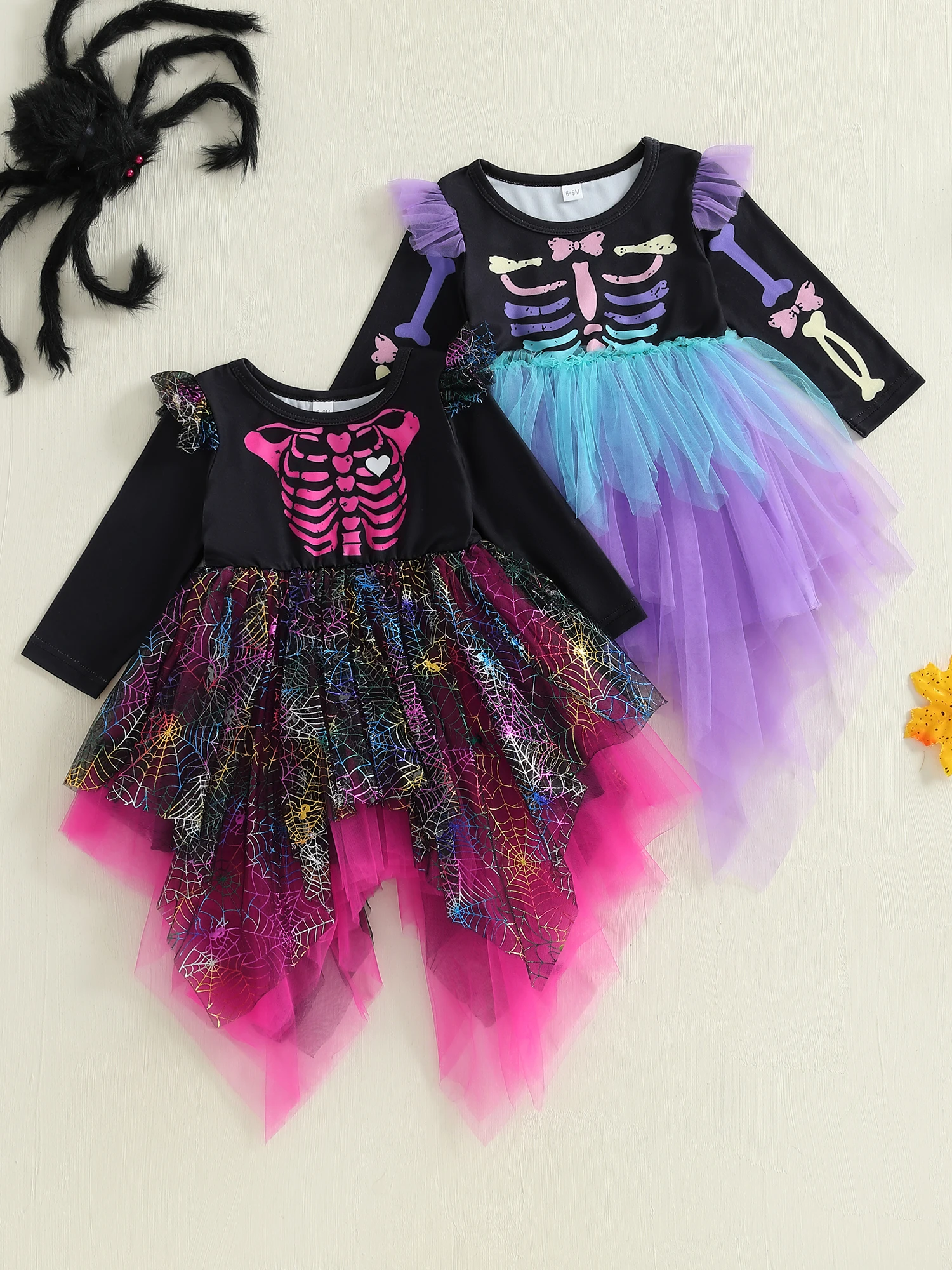 

Платье с длинными рукавами и принтом тыквы на Хэллоуин для малышей, тюлевой юбкой и бантом для девочек, детский праздничный костюм