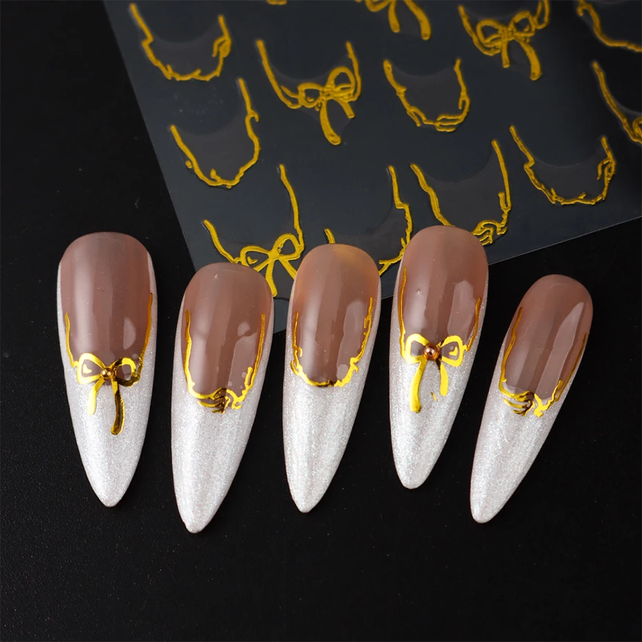 3D Gold Bowknot Line  Nail Stickers Striping Tape Design Noble and Elegant Geometry Nail Decal  Slider Manicure Nail Decoration