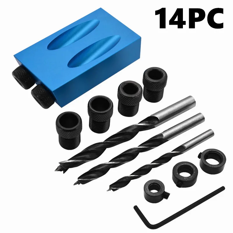 14pcs Pocket Hole Jig Kit - 15 Degree Woodworking Slant Hole Jig with 6/8/10mm Drive Adapter - For Perfect Angle Drilling & Wood