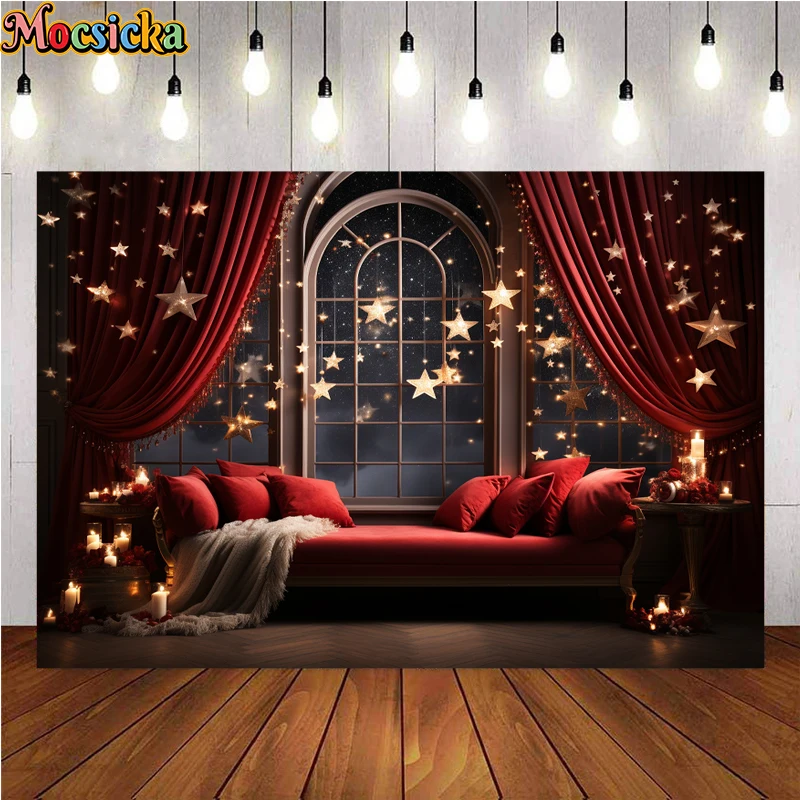 Mocsicka Winter Christmas Photography Background Red Couch Stars Holiday Party Family Portrait Photo Backdrops Studio