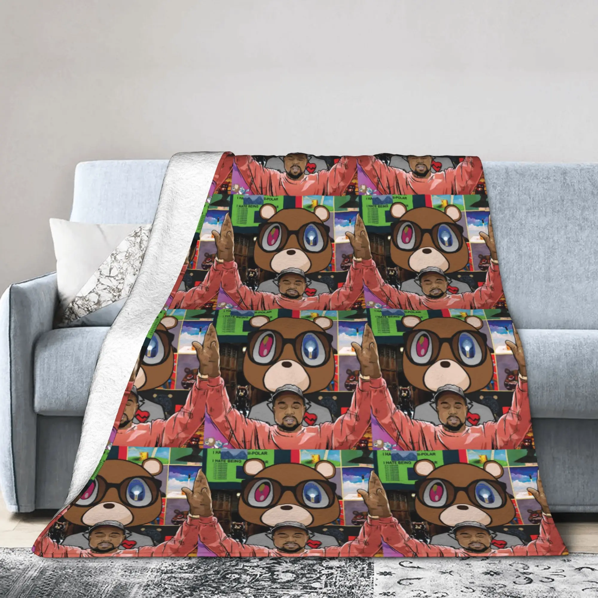 Custom 3D Printed Funny Kanye West Bear Blankets Breathable Soft Flannel Summer  Throw Blanket for Couch Travel Bedroom