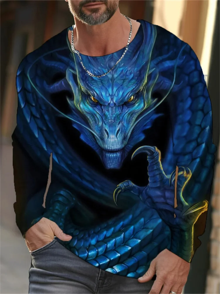 Vintage Men's Long Sleeve T-Shirt 3D Print Shirts Fashion Animal Dragon Graphics Long Sleeve Men Oversized Streetwear Tops Tees