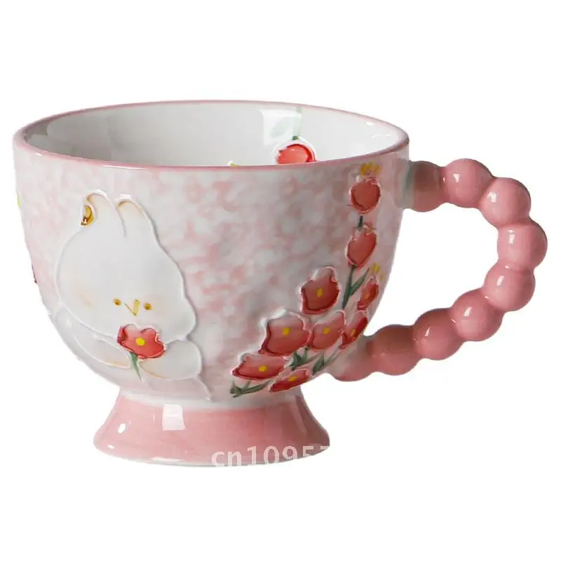 

Hand-painted embossed ceramic mug cute household high-value water cup oatmeal breakfast cup with hand gift cup