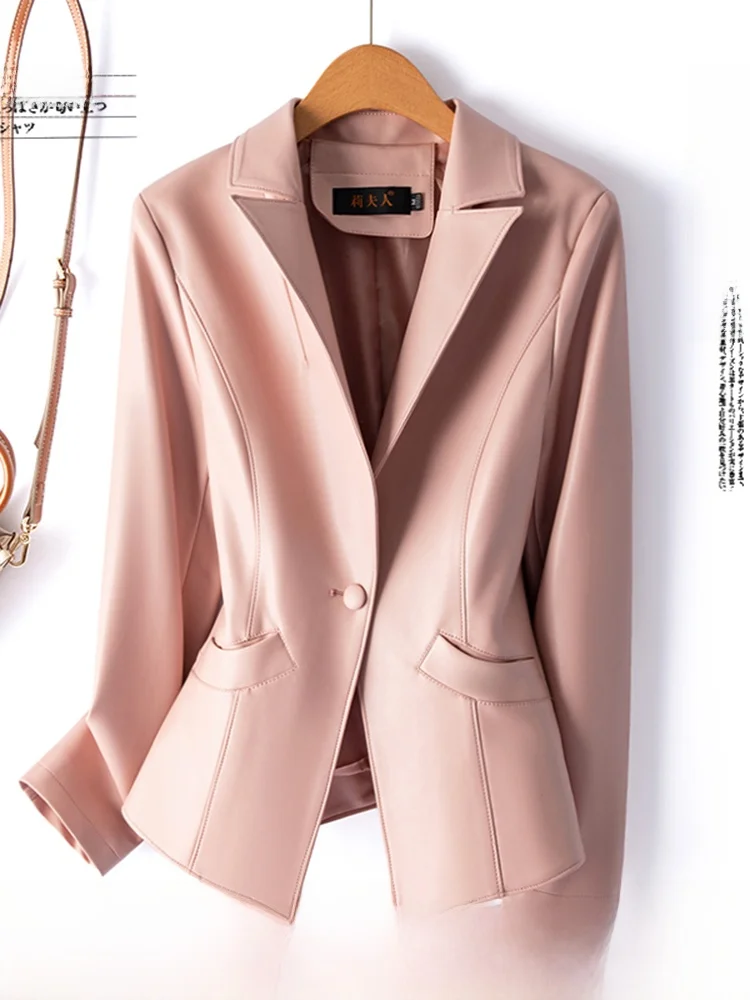 

Весна 2025: Женская приталенная кожаная куртка укороченного фасона с отложным воротником, модная верхняя одежда для повседневной носки, пальто из овчины