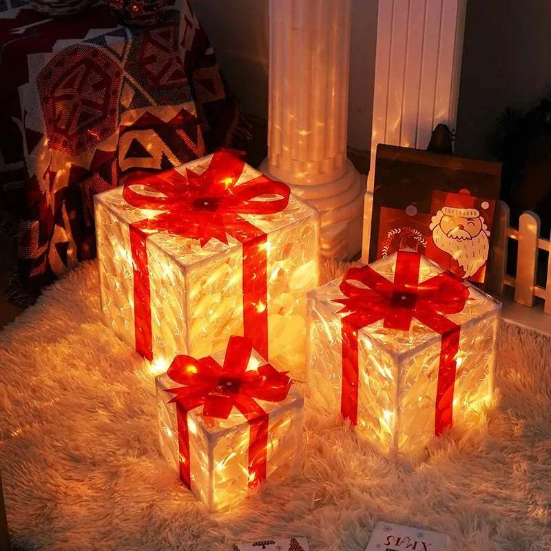 3Pcs/Set PVC Christmas Gift Box Set Luminous Folding Christmas Lighting Box with Bow Ribbon Christmas Glowing Decoration Outdoor