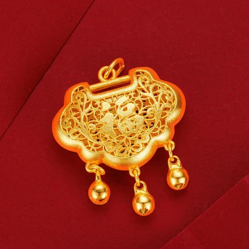 

9999 Real Gold 24K Auspicious Baby Lock Pendant Hollow Fu Character Safety Lock Bell Black Rope Necklace