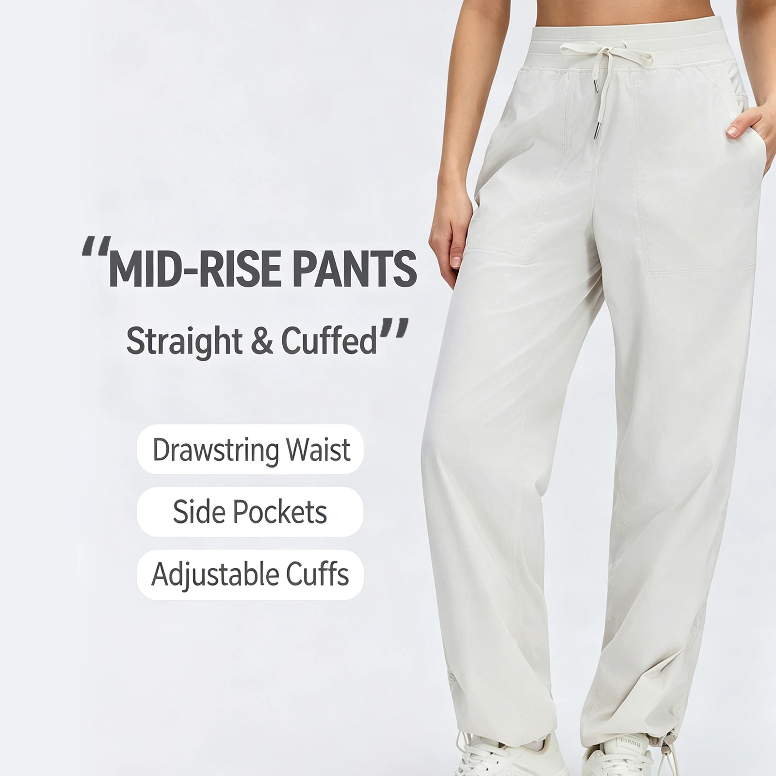 Women's Elastic Sports Casual Pants, Stretch Herringbone Nylon Quick-Dry Long Pants, Drawstring Elastic Waist, Adjustable Cuffs, Straight-Leg, Convertible, Multi-Pocket Outdoor Fitness Pants