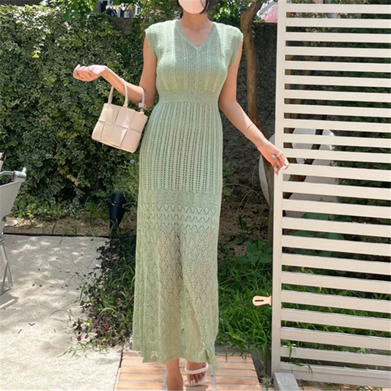 REALEFT Summer 2024 New Lace Crochet Women\'s 2 Pieces Dresses Suits V-Neck Dress and Bottom Dress Inside Female Sets Outfits