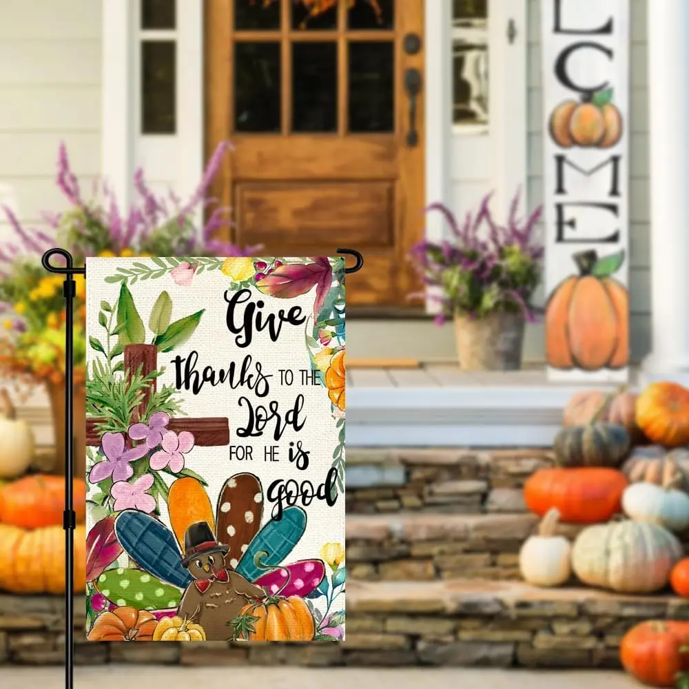 RABUSOFA Give Thanks Fall Thanksgiving Garden Flag 12x18 Inch Double Sided Outside, Turkey Cross Floral Pumpkin Yard Outdoor zzo