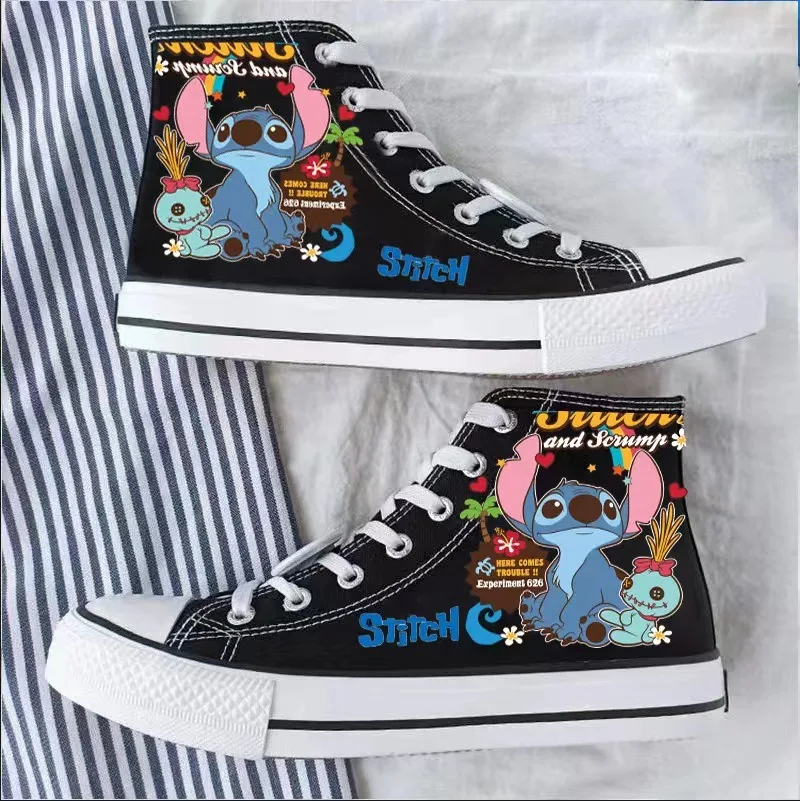 Disney Stitch Cartoon Cute Pattern Student High Top Black Canvas Shoes for Men Women Couple Sneakers Y2k Lace Up Lolita Shoes