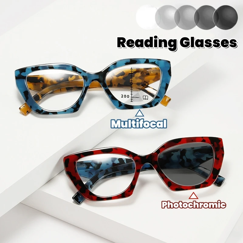 

Women Men Multifocal Anti Blue Light Eyewear Vintage Oversized Photochromic Reading Glasses Retro Square Presbyopia Eyeglasses