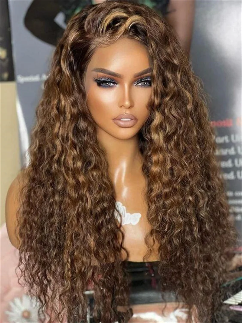 Perruque Lace Front Wig crépue bouclée sans colle pour femme, cheveux de bébé préplumés, reflets doux, marron, longue densité 180, 26 pouces, 03/