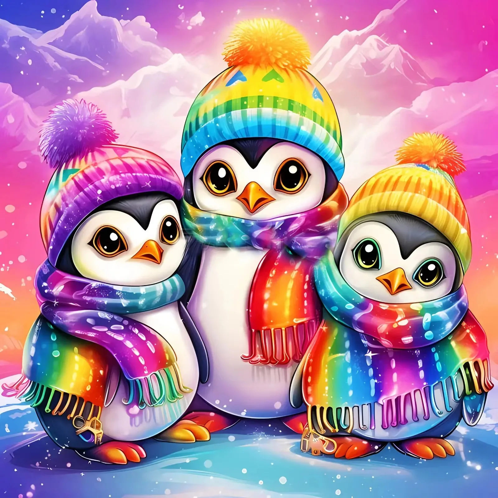 Jigsaw Puzzle 500PCS/1024 PCS Three Cute Penguins in Rainbow Winter Hats and Scarves Mountain Pink Sky DIY Handmad Home Dec Gift