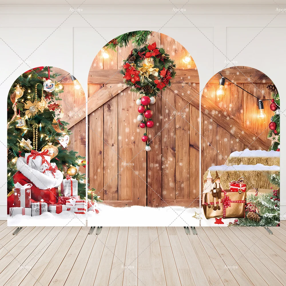 

Wood Door Christmas Party Arched Backdrop Cover Winte Snow Xmas Tree Gift Indoor Family Party Decor Background Wall Banner