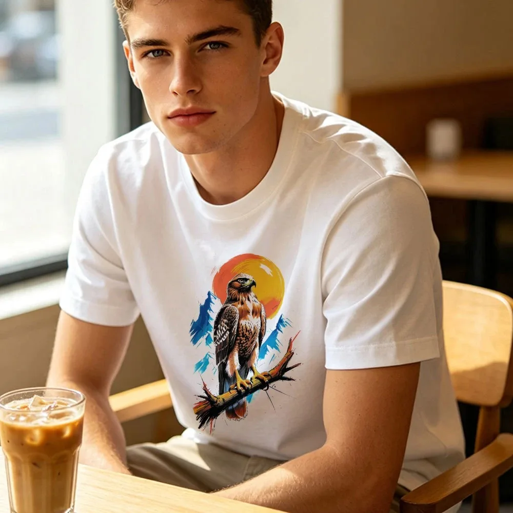 Majestic Brown Hawk Eagle Perched On Broken Branch Against Orange Sun And Mountain Background Print Men White T Shirt