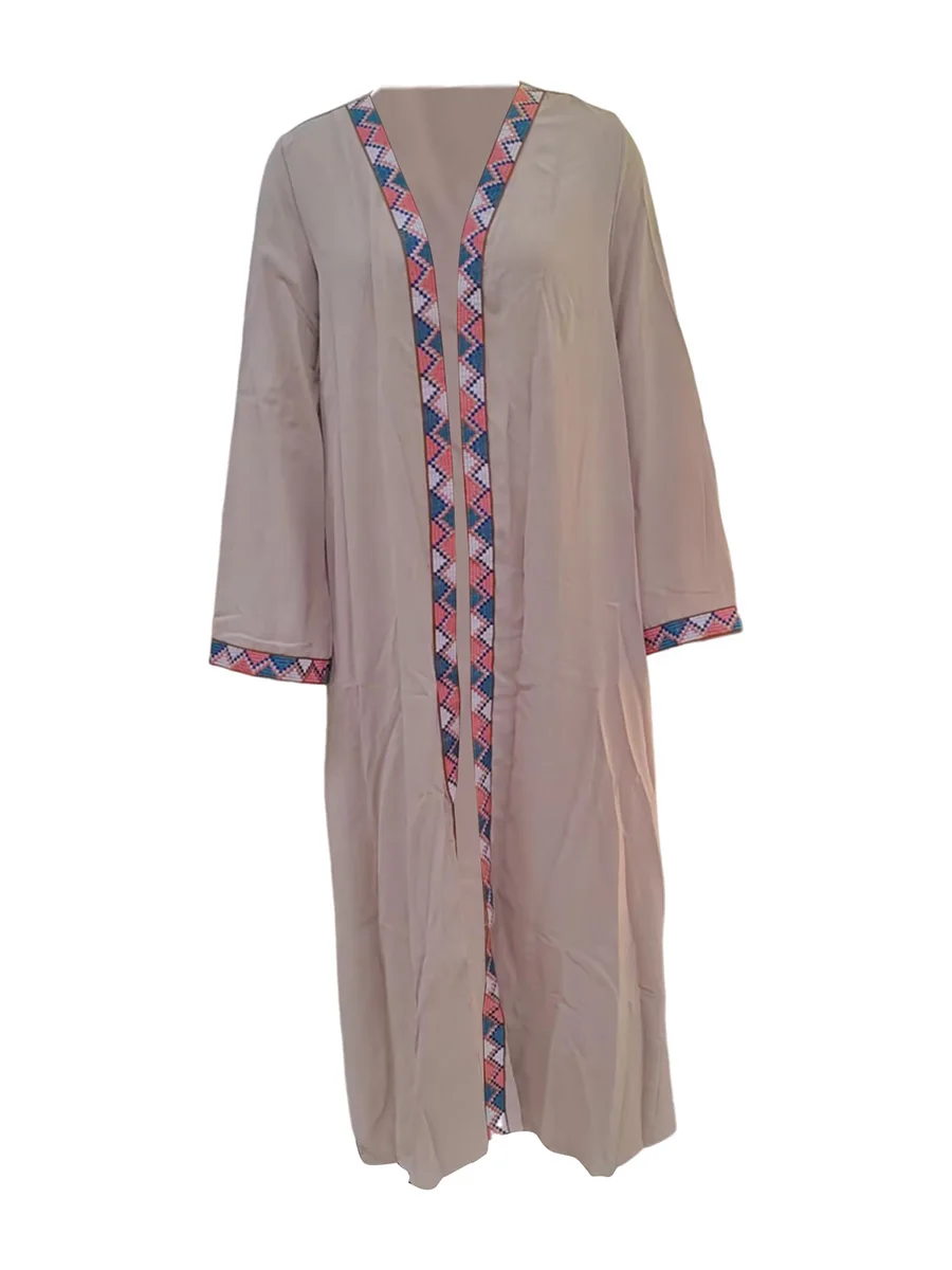 ผู้หญิง Caftan ชุด Rhombus พิมพ์แขนยาวเสื้อสเวตเตอร์ถักหลวมอาหรับ Robe สําหรับ All Seasons