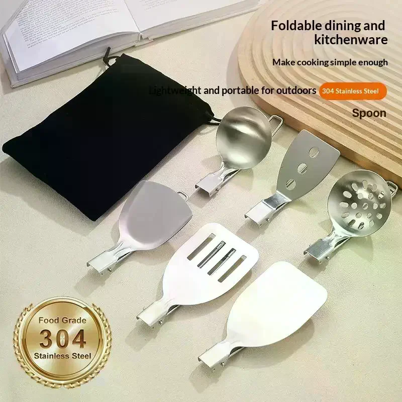 【New】Stainless Steel Folding Spatula Spoon Shovel Food Turner Fold Spoon Outdoor Camping BBQ Cooking Compact Tableware