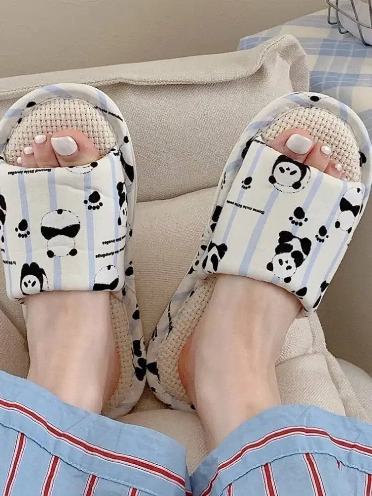 Women's Cartoon Panda Linen Slippers Four Season Versatile Student Home Use Sweat Absorbent Cotton Linen Slippers For Air