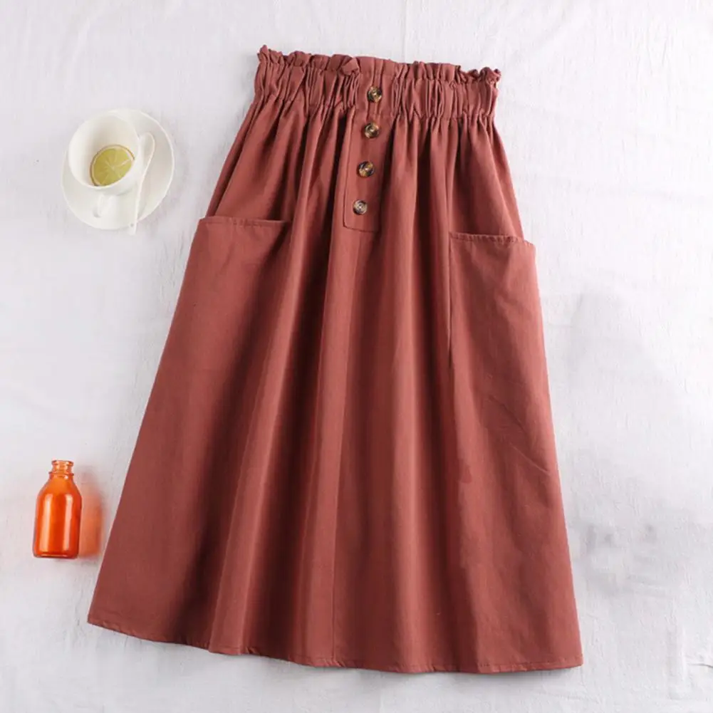 Women Skirt Clothing Elegant A-line Midi Skirt with High Waist Large Hem Pockets Women's Casual Solid Color Button Decor Skirt