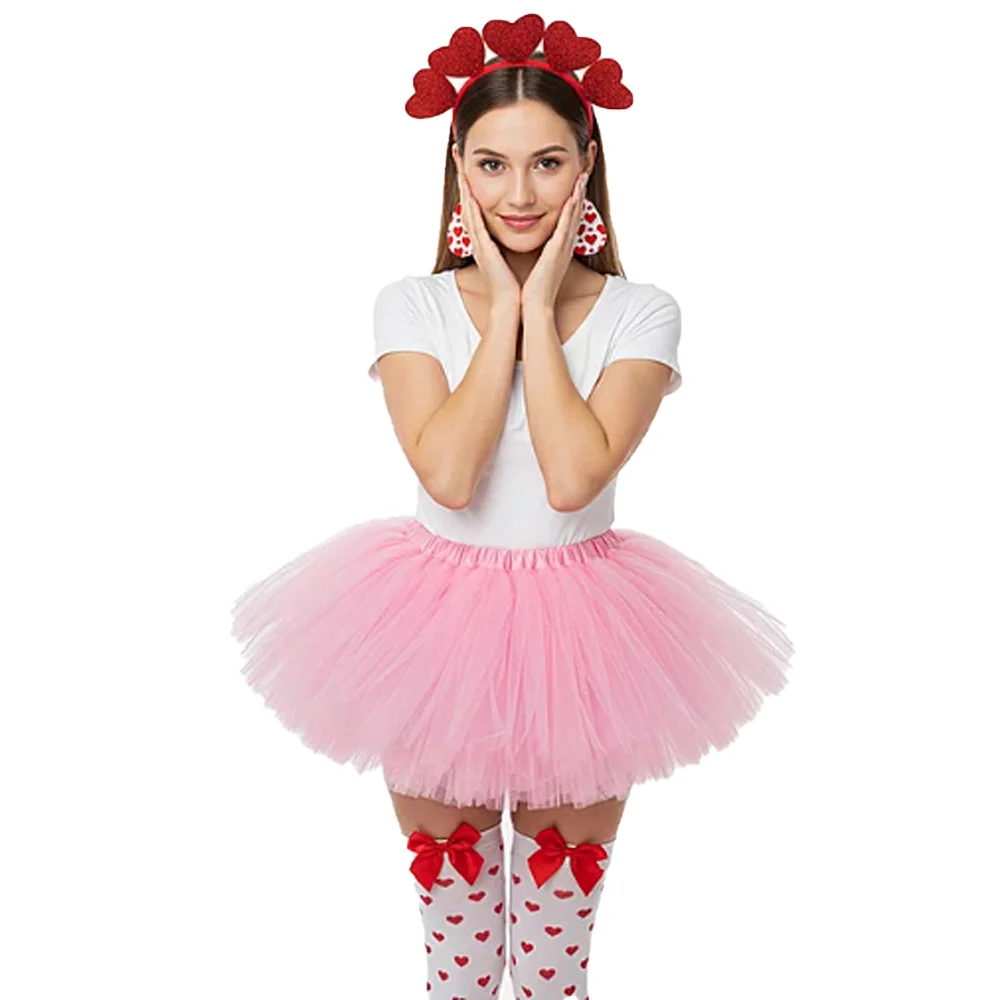 PESENAR Conjunto de fantasia de coração rosa e vermelho para dia dos namorados, saia tutu, faixa de cabeça, meias, brincos, acessório