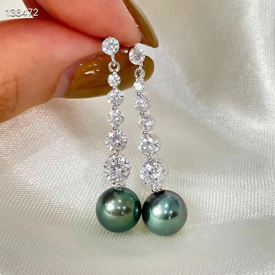 

Stunning 9-10mm Tahitian Round Black Green Dangle Pearl Earring 925s