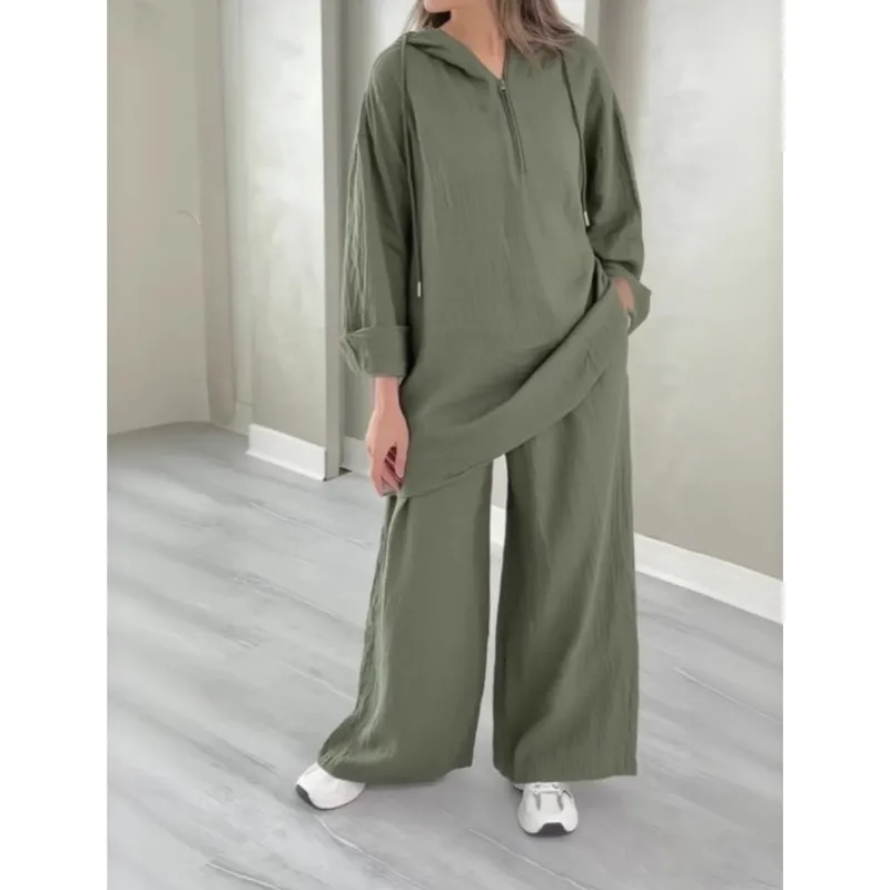 

Fashion Hooded Half-zipper Top Wide-leg Pants Set Loose Casual 2-piece Set New Solid Holiday Party Woman 2 Piece Set Outfit