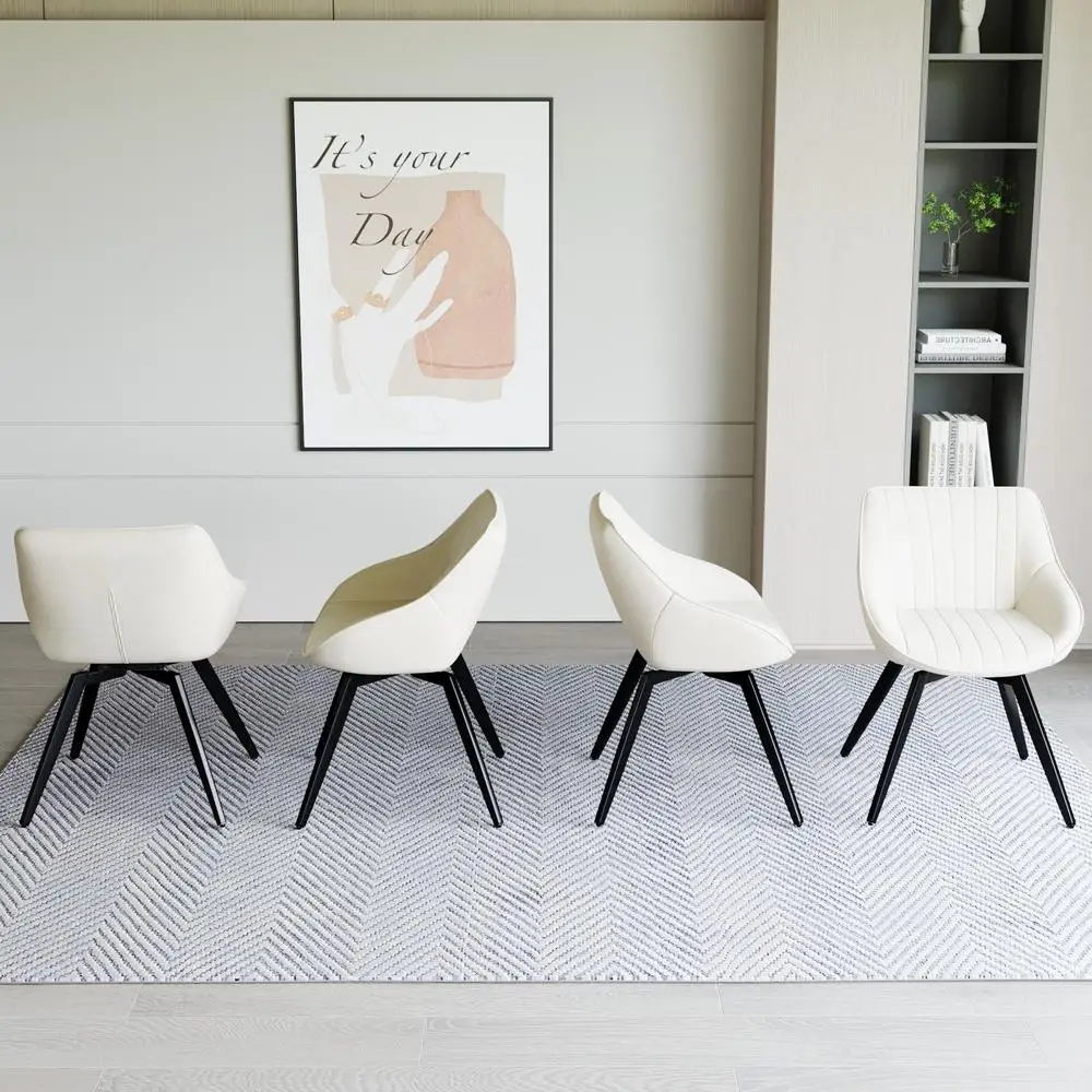 4 كراسي طعام بيضاء من البولي يوريثان في منتصف القرن كراسي مطبخ مريحة حديثة مع أرجل معدنية سوداء مريحة مبطنة وسهلة التنظيف #6