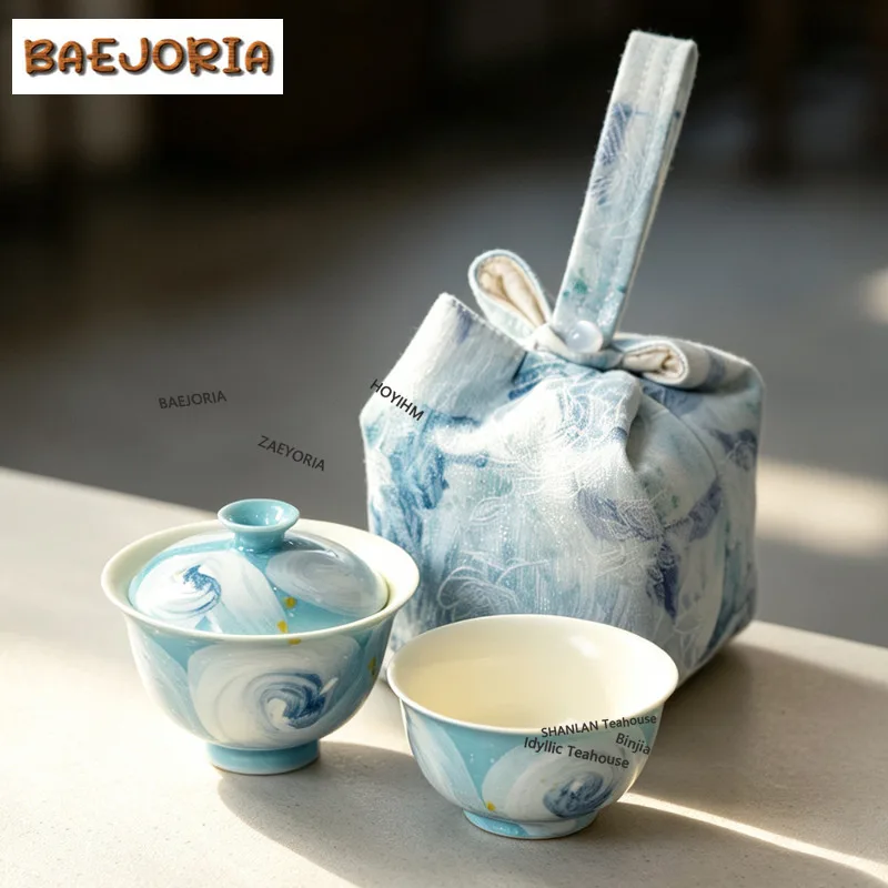 BAEJORIA Hand-painted Oil Painting Style Blue Starry Sky Travel Tea Set Kit 1 Bowl 1 Cup Tea Maker Organizer Portable Picnic Bag
