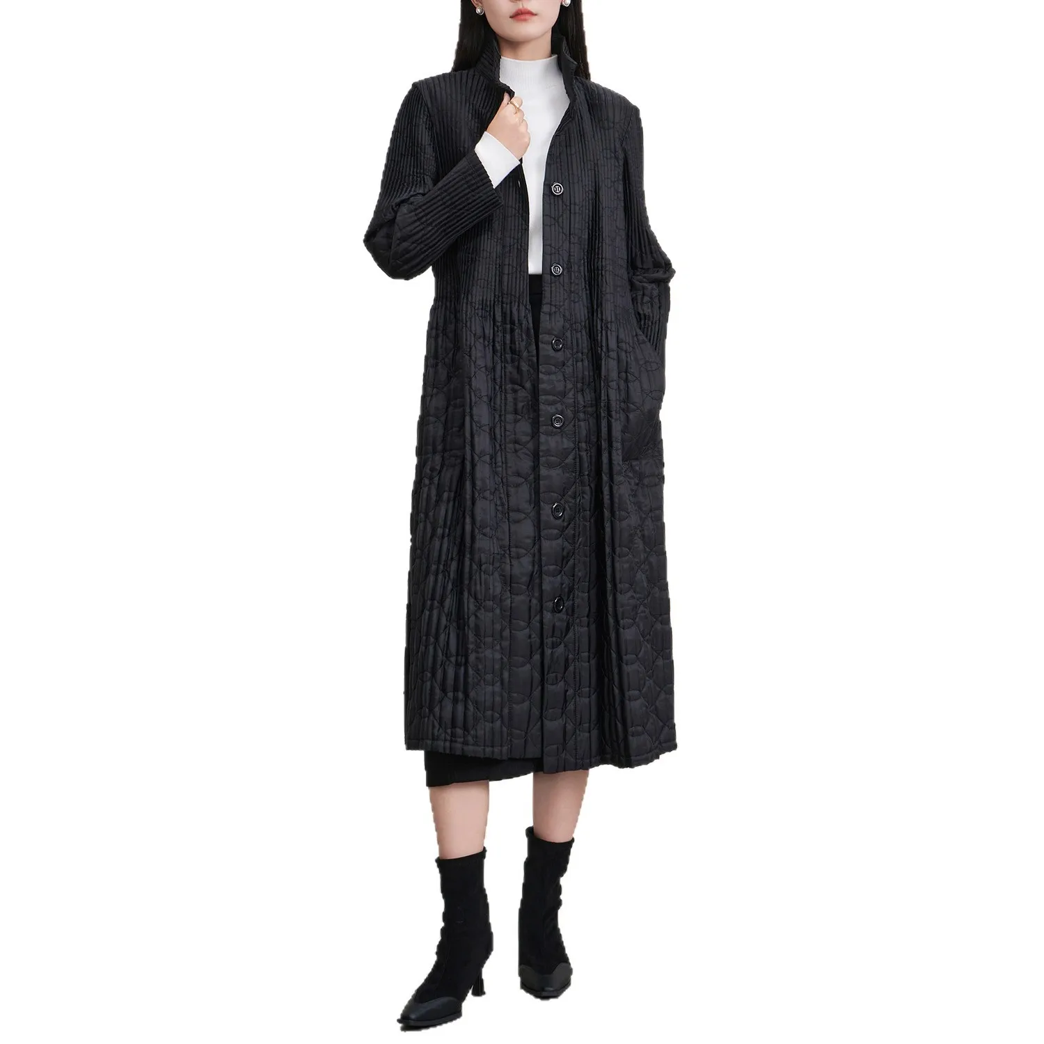 Women's Parkas 2025 Autumn New Pleated Lapel Windbreaker Loose Slim Versatile Medium-length Thickened Solid Cotton Coat Jacket