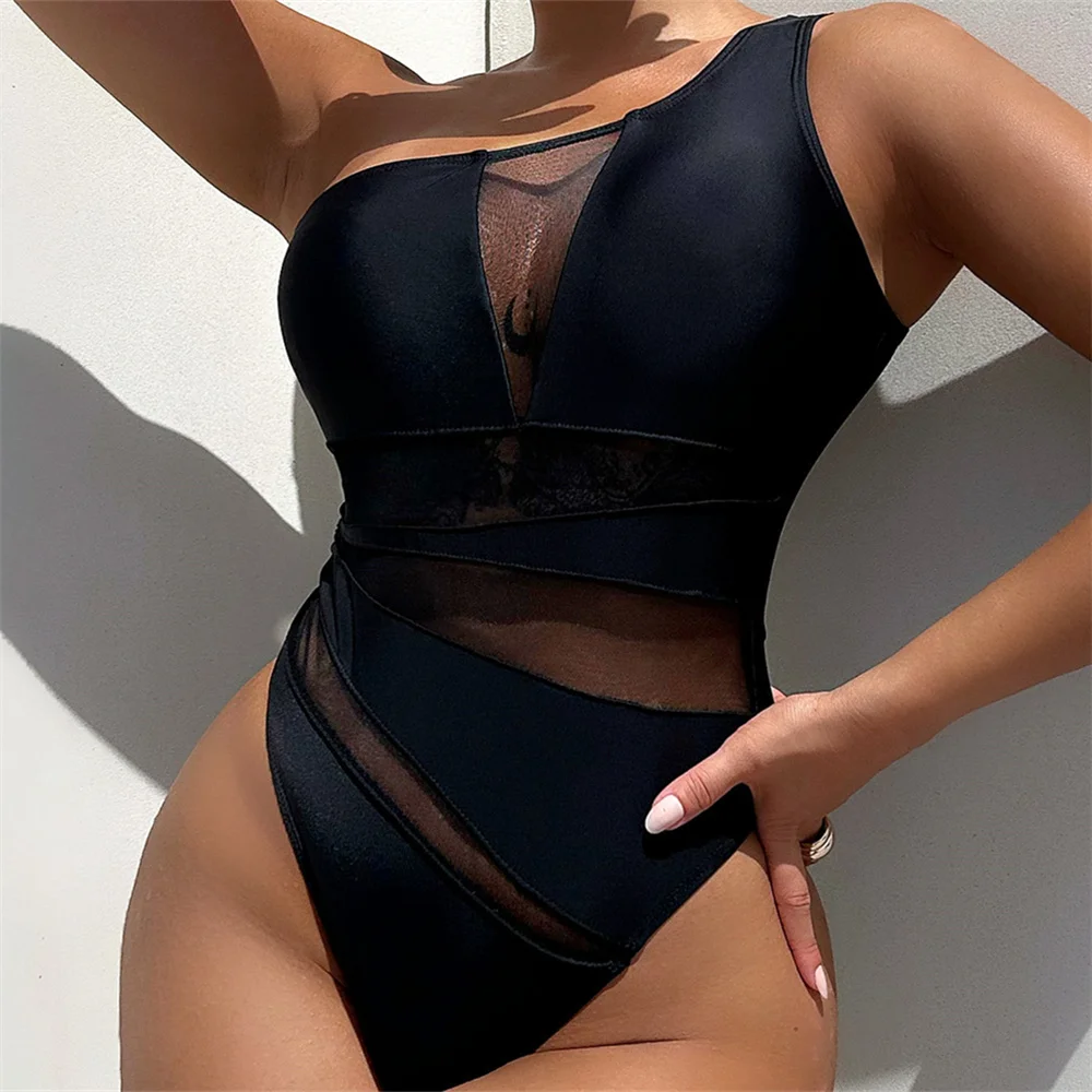 

Mesh See Through Bikini Black Swimsuit Patchwork Monokini Women Bikinis Set Sexy One Shoulder Swimwear Beach Outfit Bathing Suit