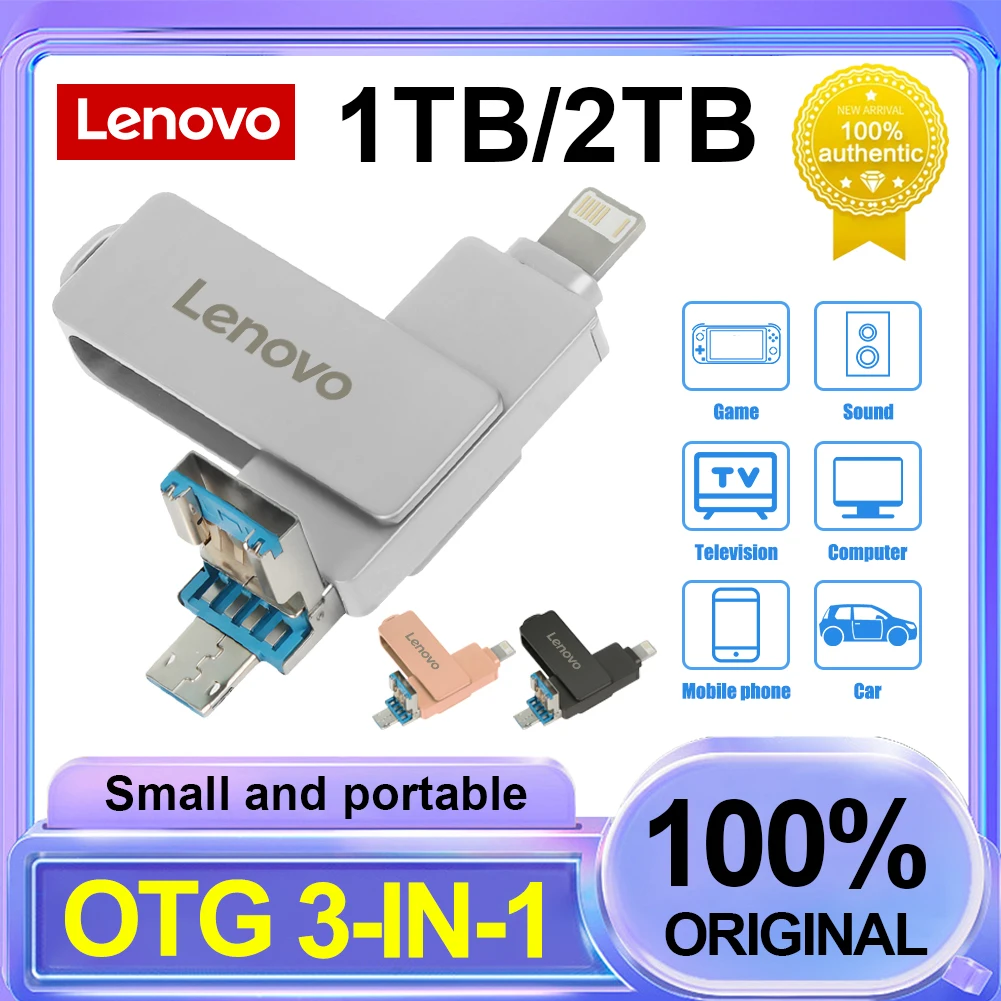 Lenovo-USB 3.0フラッシュドライブ,防水メモリスティック,3 in 1,タイプc,2テラバイト,高速ドライブ,電話,ラップトップ,iPad, iPhone用uディスク